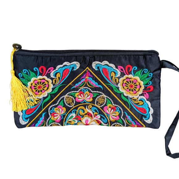 NEW Boho Ethnic Embroidered Wristlet Clutch Bag Colorful Bright Floral Fabric - Picture 1 of 8